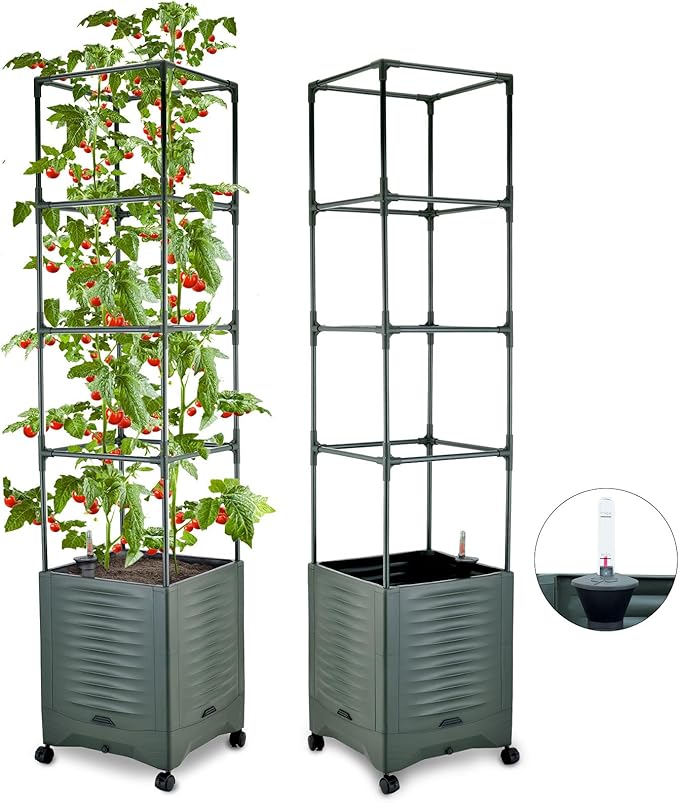 Tomato Planter Pot Tomato Box Raised Garden Bed 56.5" Tall Self-Watering and Water Indicator Planter for Tomato Outdoor Indoor Metal Trellis for Climbing Plants Large Reservoir-1 planter-not 2 TeCreatio