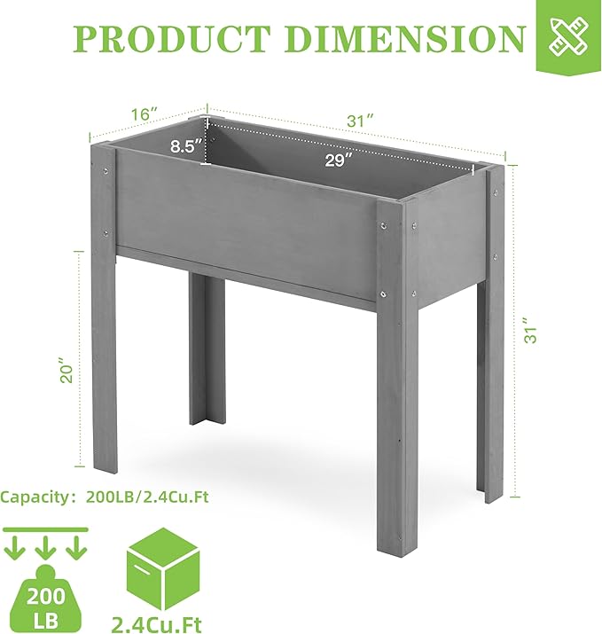 Raised Garden Bed with Legs, 31x16x31'', Outdoor Wood Elevated Planter Box, Grey Cedar, Thick Legs, w/Liner OutdoorFurniture