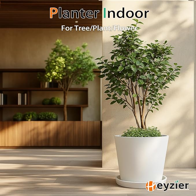 Wide Planters for Outdoor Plants, Extra Large Indoor Flower Pots for Garden, Front Porch, Patio - Round Resin Planter Set of 2 (White, 16 inch - 2 Pack) Heyzier