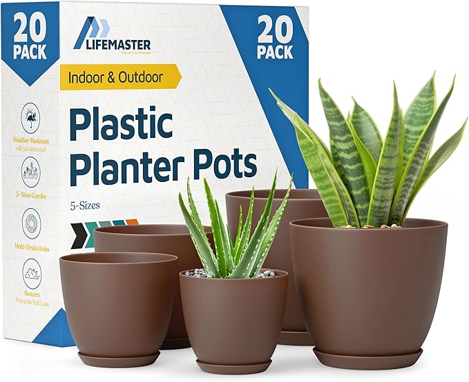 Planter Pots with Drainage Holes - Lightweight, Durable & Space-Saving Pots for Indoor and Outdoor - Versatile Functionality, Simple Modern Design, Set of 20 Plastic Planter Pots - Brown LIFEMASTER