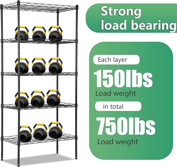 BestOffice | 5-Tier Wire Storage Shelves | 22x12x48 | Black | with Adjustable Racks | Heavy-Duty Metal Shelf, Holds Upto 750 lbs | No-Tool Assembly | Ideal for Home & Garage Shelving BestOffice