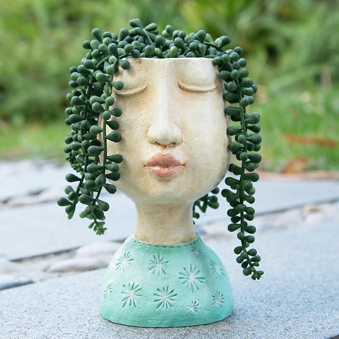 DiliComing Resin Face Planters Pots Head - 8 Inch Indoor and Outdoor Pot with Drainage Hole for Succulents Plants Home Garden Decor Unique Girl Sculpture Plant Pot DiliComing