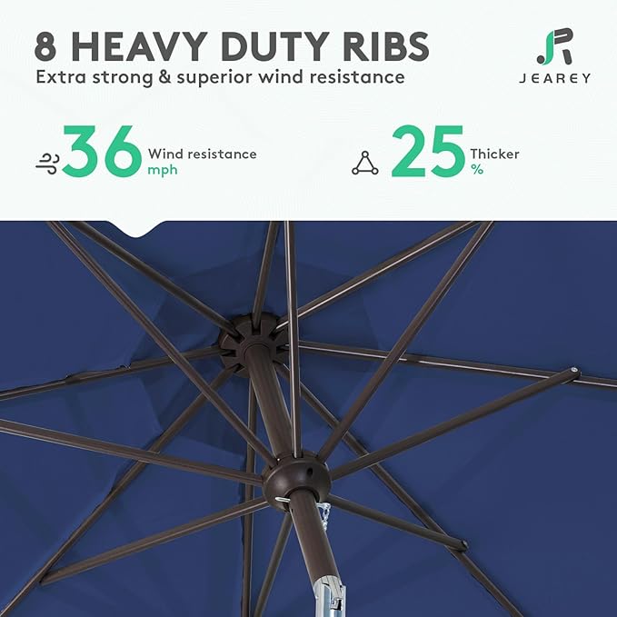 JEAREY 9FT Outdoor Patio Umbrella Outdoor Table Umbrella with Push Button Tilt and Crank, Market Umbrella 8 Sturdy Ribs UV Protection Waterproof for Garden, Deck, Backyard, Pool (Dark Blue) JEAREYOutdoorsCollection