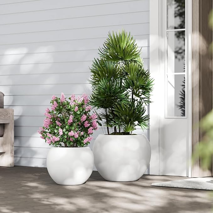 10 H x 14" Dia (10" Pot Opening) Round Fiberstone Planter with Drainage Hole, White, Indoor/Outdoor Large Plant Pot for Home Patio Garden, Ideal for Large Plants Panlaolao