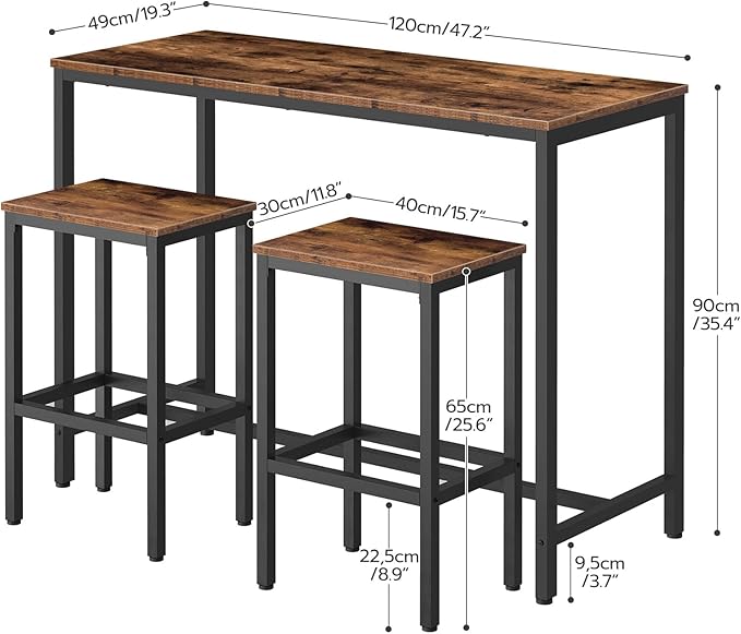 HOOBRO Bar Table and Chairs Set, 47.2” Rectangular Pub Table with 2 Stools for Small Space, High Top Table, 3-Piece Breakfast stools Set, Sturdy Metal Frame, Easy to Assemble, Rustic Brown BF52BT01 HOOBRO