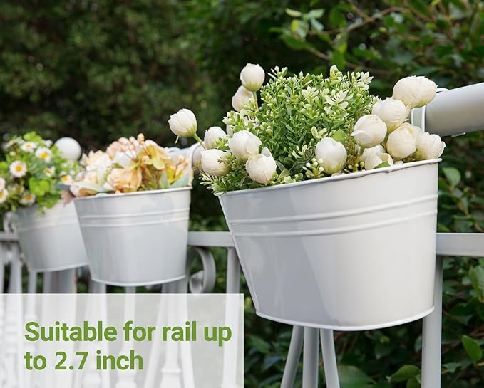 Dahey 10.5 Inch Metal Iron Hanging Flower Pots for Railing Fence Hanging Bucket Pots Countryside Style Window Flower Plant Holder with Detachable Hooks Home Decor,White,5 Pcs Dahey