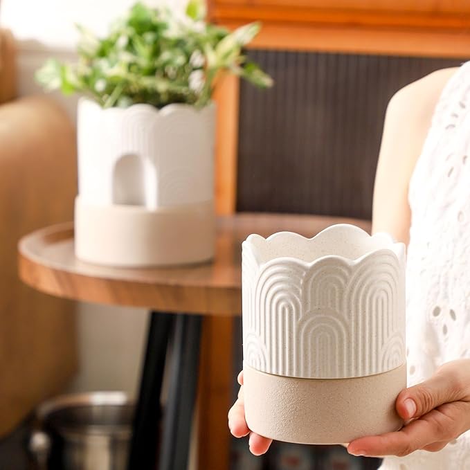 Nihow Self Watering Plant Pot: 4.5 Inch Ceramic Planter with Drainage Hole & Water Storage Plus for Indoor & Outdoor Plants - Cylinder Flower Pot for Herbs/Violets - Beige & Nature Nihow