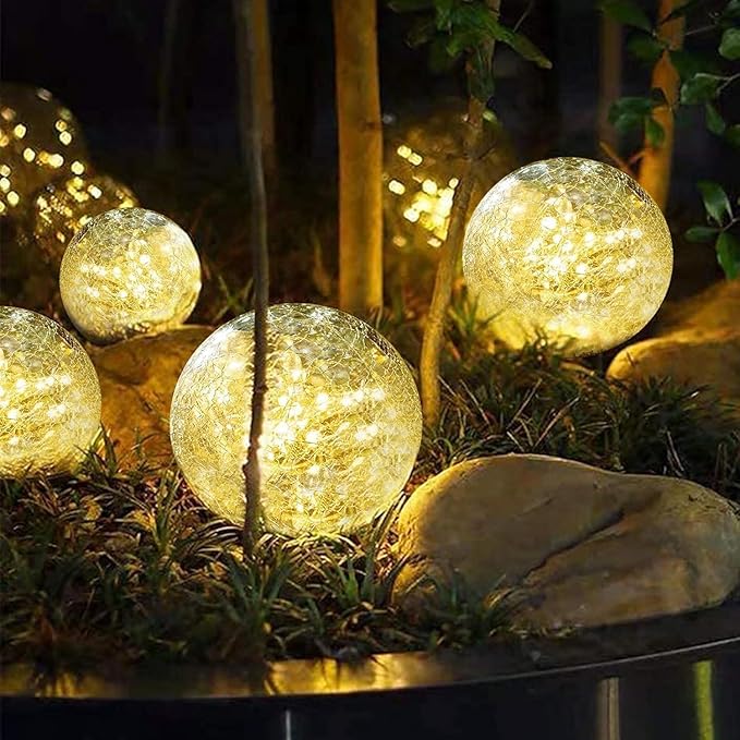 Solar Garden Lights Outdoor Waterproof, 4 Pack 30 LEDs Cracked Glass Ball Light, Ground Landscape Garden Decor, Solar Globe Decorative for Pathway/Patio/Lawn/Yard (Warm White, 3.9") SyouHome