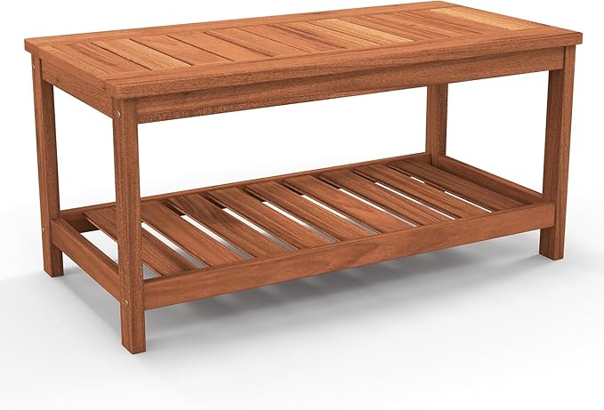 Tangkula Wood Outdoor Coffee Table, 2-Tier Patio Coffee Table with Slatted Hardwood Tabletop & Storage Shelf, Rectangle Wood Table for Deck, Garden, Balcony, Indoor or Outdoor Use (Natural) TANGKULA