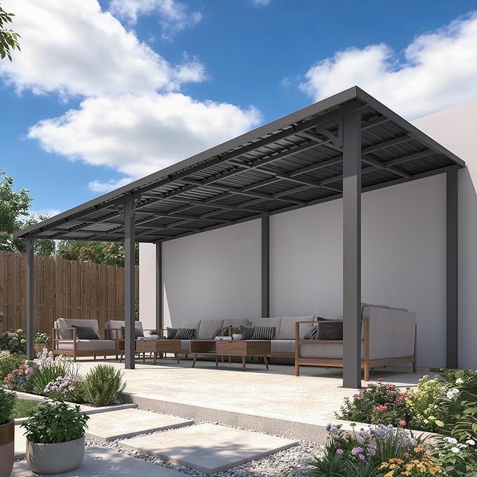 AECOJOY 10' x 20' Outdoor Hardtop Metal Gazebo for Patio, Large Lean to 20x10 Galvanized Steel Wall Mounted Pergolas and Grill Gazebos Clearance, Heavy Duty Patio Roof Metal Awnings for Decks AECOJOY