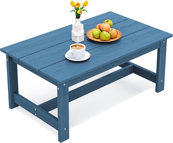 SERWALL HDPE Patio Coffee Table, Rectangle Outdoor Coffee Table, All-Weather Coffee Side Table for Balcony, Poolside, Deck, Garden, Blue SERWALL