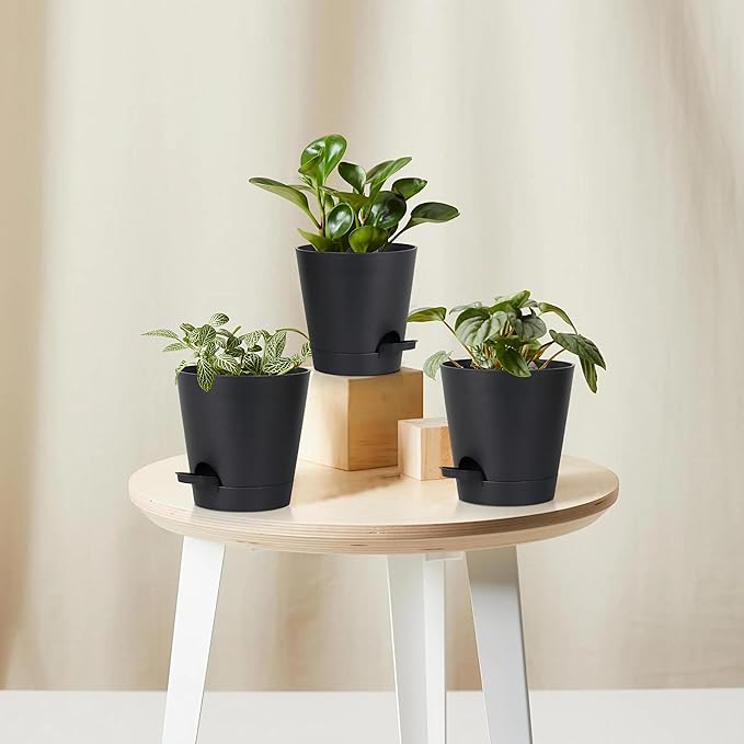 5 Pack 5 inch Self-Watering Pots, African Violets Planter with Drainage Holes and Reservoir, Black Plastic Planter for Indoor Outdoor Plants Flowers and Houseplants Black, 5 inch 5 pcs zople