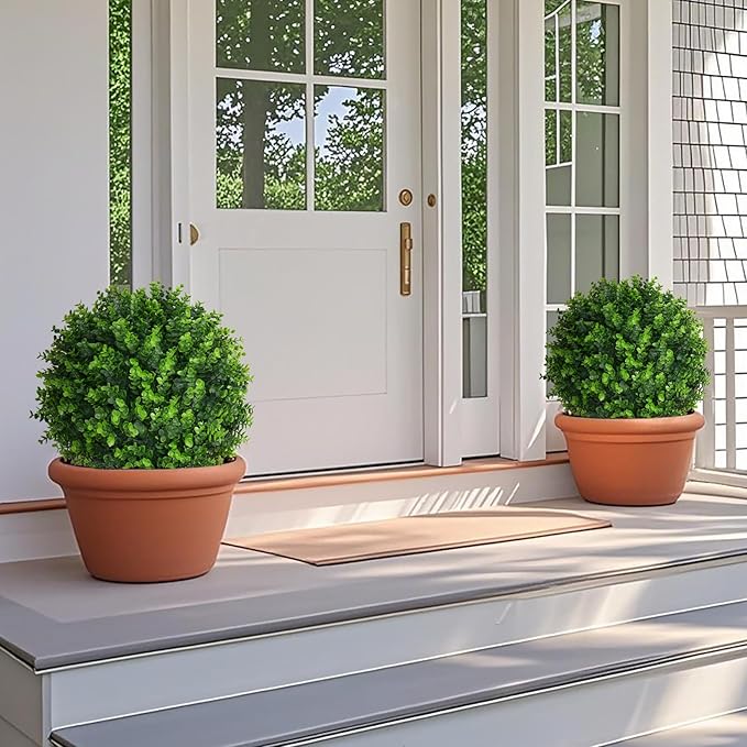 Artificial Topiary Tree with Eucalyptus, Set of 2 Artificial Shrub Bushes with Ground Spike, Fake Evergreen Tree for Porch, Artificial Plants for Outdoor Planters Indoor UV Resistant FEELTHENEWWORLD