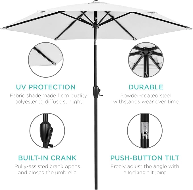 Best Choice Products 7.5ft Heavy-Duty Round Outdoor Market Table Patio Umbrella w/Steel Pole, Push Button Tilt, Easy Crank Lift - White BestChoiceProducts
