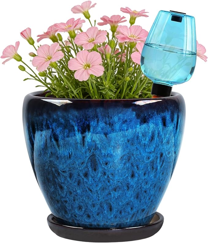 Ceramic Pots for Plant with Self Watering Globes, 6 inch Planters for Indoor Plants with Saucer, Glaze Flower Pots Outdoor with Drainage Holes, Decorative Garden Pots Xoogifae
