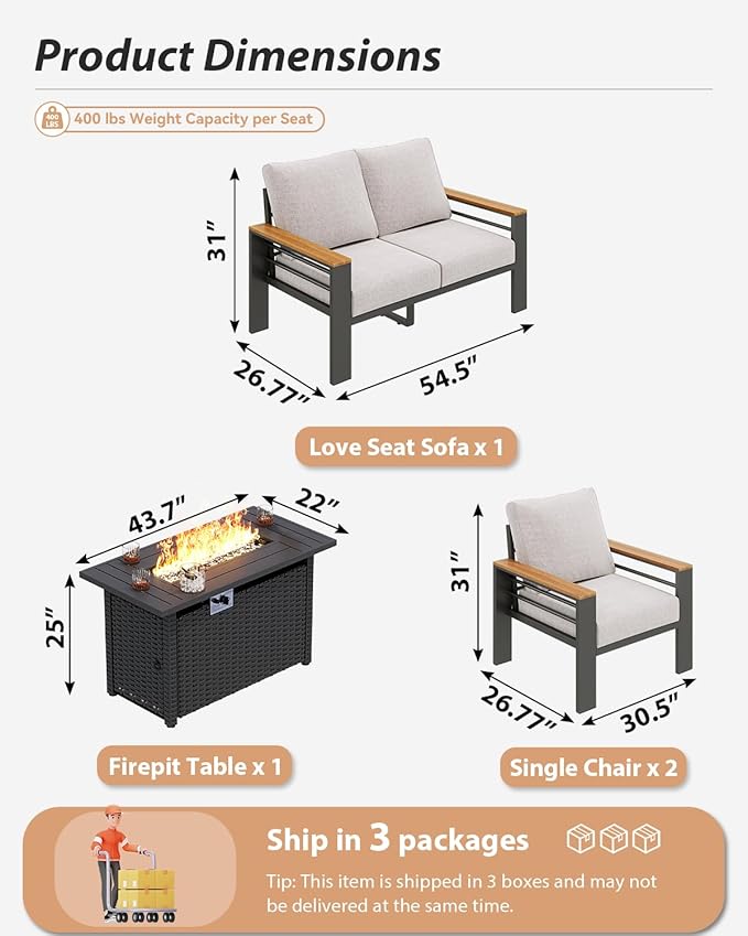 Aoxun Aluminum Outdoor Patio Furniture Set, 5-Piece Outdoor Sectional with 44'' Propane Gas Firepit Table, Patio Conversation Sets with Upgraded Armrests and Cushions for Backyard (Grey,4 Seats) Aoxun