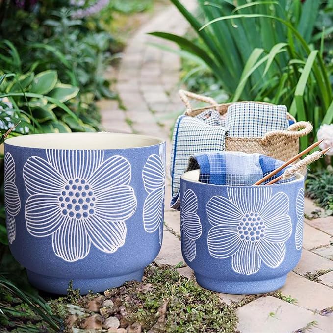 YBX 8 Inch + 6 Inch White Flower Pattern Plant Pots, Sand Glazed Ceramic Planter with Drainage Hole, Flower Pots for Indoor Plants, Blue YBXYIBOXUAN