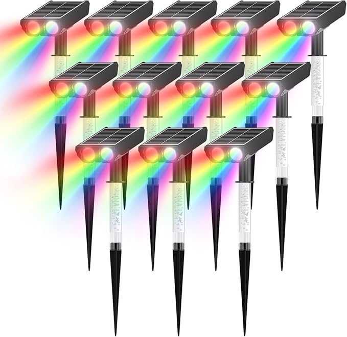 Color Changing Solar Spot Lights Outdoor with PC Light Guide Column, 8 Lighting Modes Christmas Landscape Spotlights, IP65 Waterproof RGB Solar Spotlights for Garden Yard Tree Pathway, 12Pack Rootora