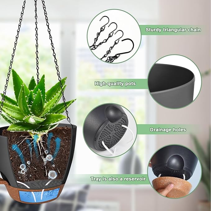 10/9/8 Inch Hanging Planter for Indoor Outdoor Plants, 3 Pack Self-Watering Hanging Pot with Drainage Holes Hanging Planter Baskets Plant Pots with Removable Tray (Black+Brown) Lucieblessdesign