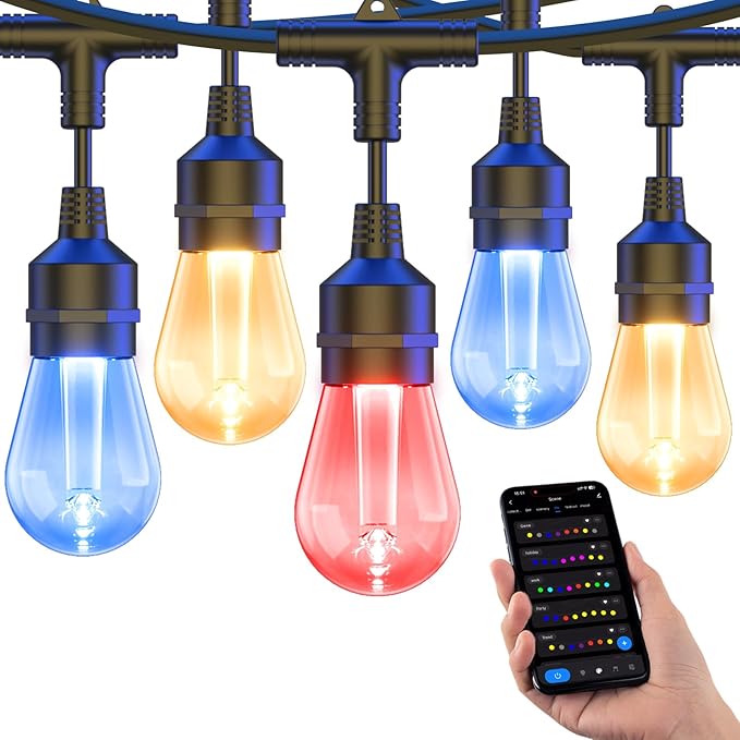 XMCOSY+ Outdoor String Lights Smart, 49Ft RGBCWIC Patio Lights Waterproof, App Control, Compatible with Alexa, Color Changing LED String Light for Outside Yard Garden Porch XMcosy