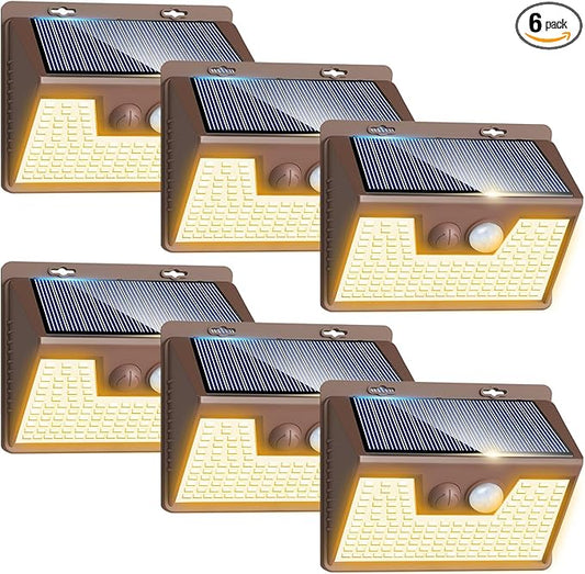 Peasur Solar Lights Outdoor Motion Sensor Waterproof, 6Pack 140LED Brown Solar Powered Fence Light, 3 Modes Security Wall Lights for Garden Yard Outside(Warm White) Peasur