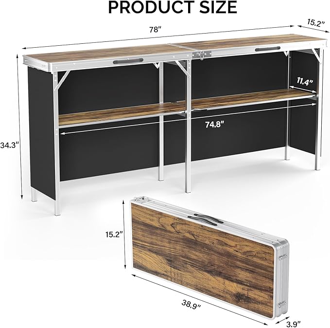 VINGLI 78" Portable Bar Table, 2-Tier Shelves, Mobile Bar Table for Events, Party, Camping, Picnic, Tradeshow, Indoor with Black Skirt VINGLI