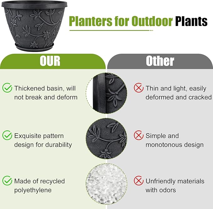 4 Pack 12 Inch Large Flower Pots for Outdoor Indoor, Plastic Plant Pots with Drainage Hole & Saucer, Modern Decorative Garden Pot, Imitation Magnolia Pots for Garden House Planters（Gray） Nooulap