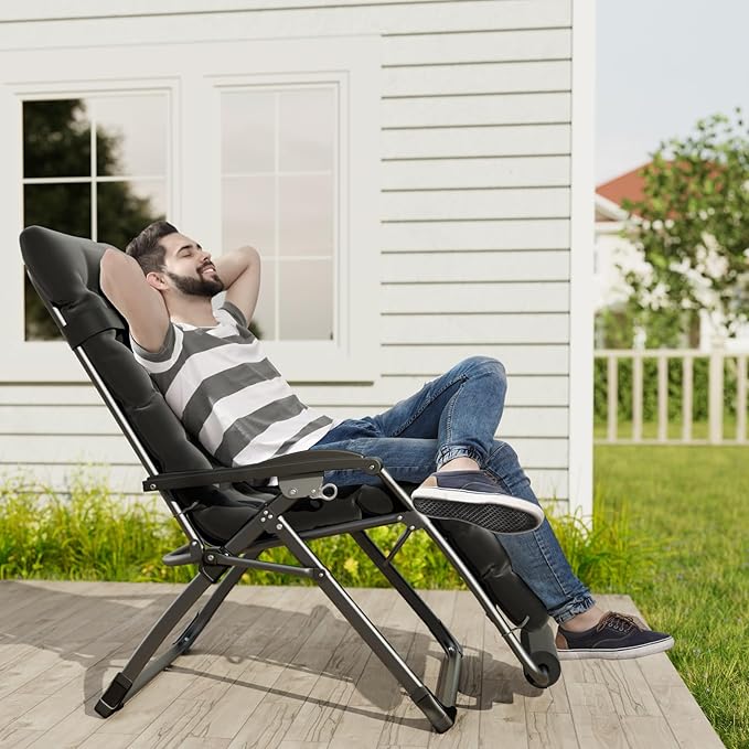 UDPATIO Oversized Zero Gravity Chair 29In XL Patio Reclining Chair with Cushion, Outdoor Folding Recliner with Pillows|Cup Holder|Foot Rest|Padded Headrest, Brown Grey, Support 500LB UDPATIO