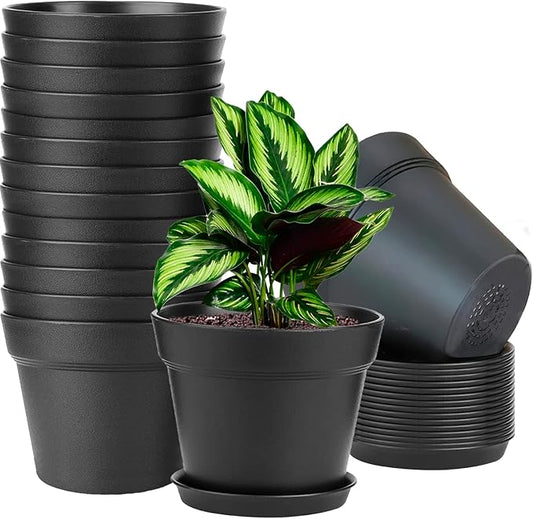 WOUSIWER 16 Pack 6 inch Plastic Planters for Indoor Flower Pots, Heavy Duty and Stylish 6 Inch Plant Pots for Indoor Plants with Drainage Holes and Tray for Plants, Flowers, Black WOUSIWER