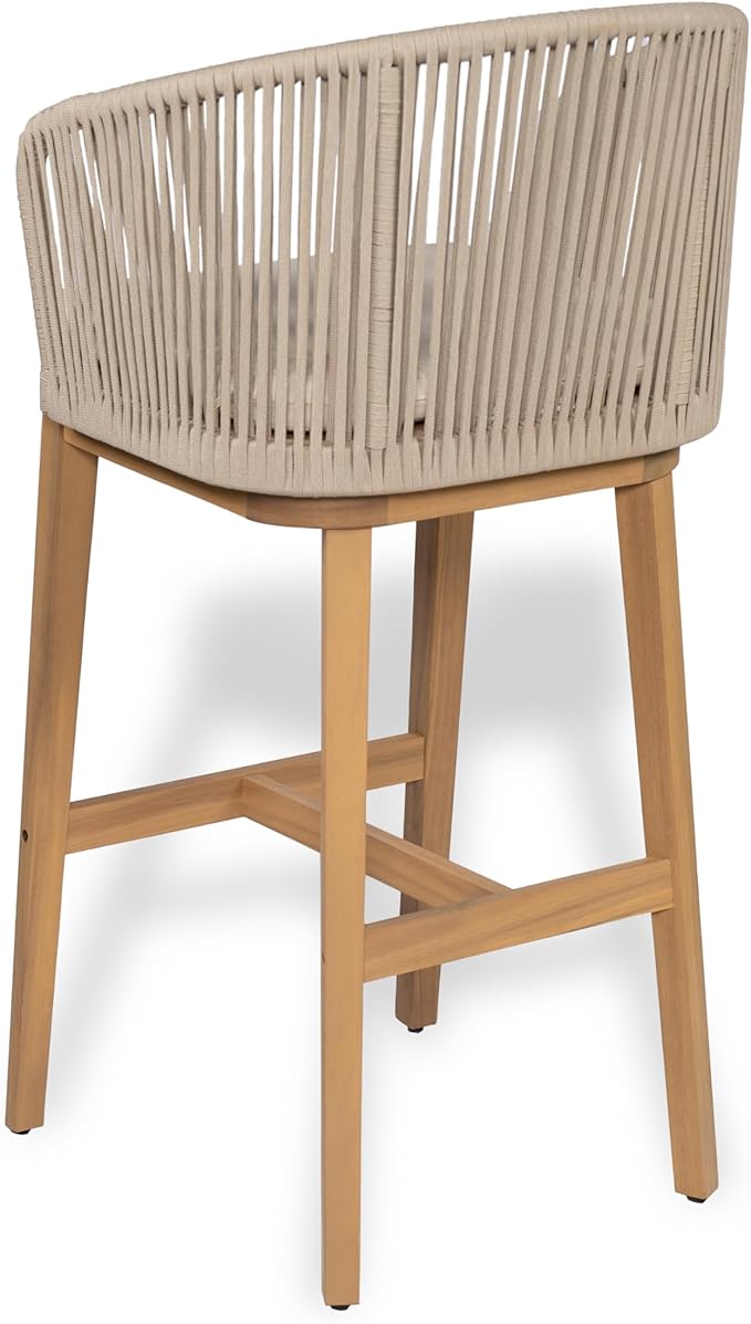 Christopher Knight Home Zax Set of 2 Patio Barstool, Acacia Wood & Rope Outdoor Counter Stool with Backrest/Footrest, Barstool Chairs with Cushion Seating for Backyard Balcony Garden, Beige + Teak ChristopherKnightHome