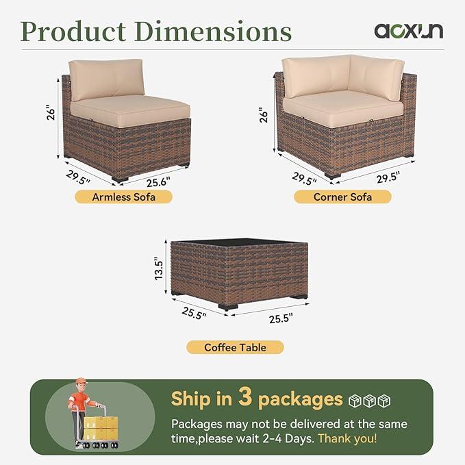 Aoxun 10 Piece Patio Furniture Set Wicker Rattan Patio Conversation Set Outdoor Sectional Sofa Set with Coffee Table and 4” Thickened Cushions, Beige(Waterproof Cover Included) Aoxun