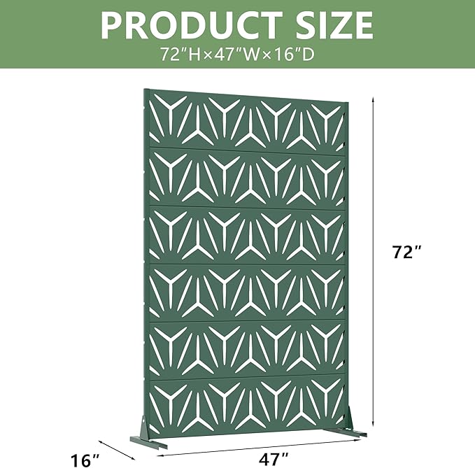 Casaphoria Metal Privacy Screen Outdoor, 72" H x 47" W Freestanding Decorative Privacy Screen for Patio Deck Balcony Garden with Stable Base, Drakgreen-Star Casaphoria