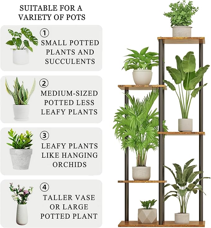 Plant Stand Indoor 5 Tier 6 Potted Metal Wood Plant Shelf, Multiple Flower Pots Corner Tall Plant Holder Stands for Living Room Balcony Bedroom, Rustic Brown GreenLivingSpaces