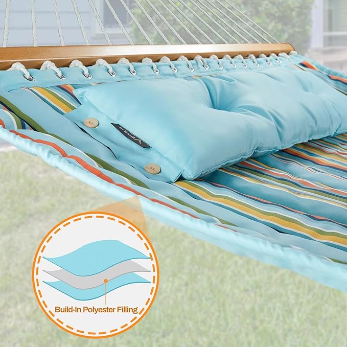 12 FT Double Quilted Fabric Hammock with Spreader Bars and Pillow 450 LBS Weight Capacity 2 Person Hammock for Outdoor Patio Backyard Poolside Blue Stripes CHULIM
