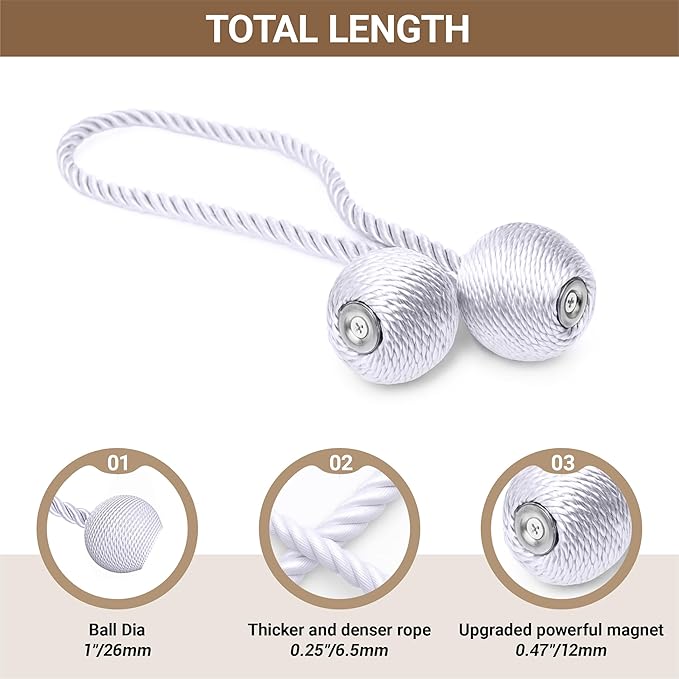 Hion Magnetic Curtain Tiebacks White 2pcs, Curtain Tiebacks Buckles Holdbacks Holders Hooks Clip for Home Bedroom Office Decorative Curtain Hion