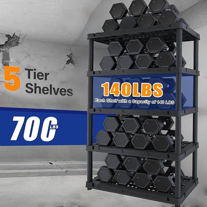 Plastic Storage Shelves, Plastic Heavy Duty Shelves 16.93" D x 35.43" W x 72.44" H,5-Tier Garage Storage Shelving, Shelving Units and Storage Rootora