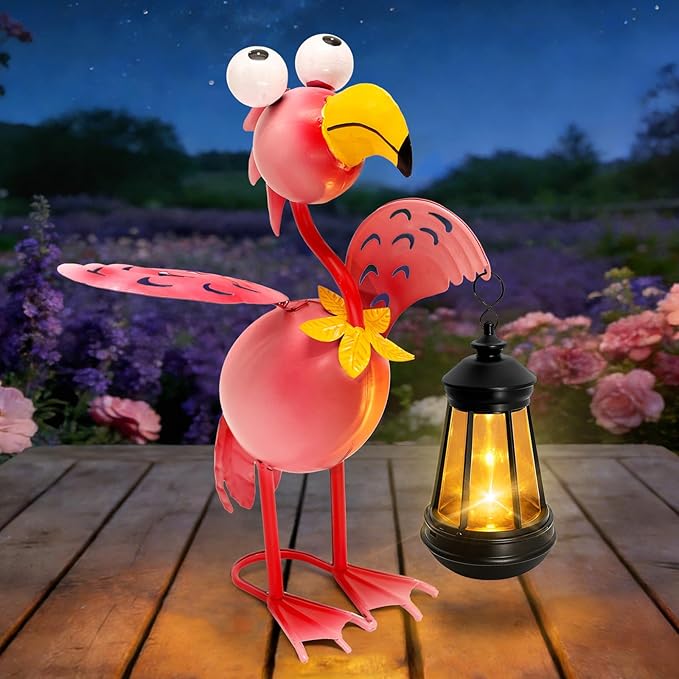 Solar Flamingo Statue with Lights,13in Tall Solar Flamingo Garden Sculptures, Birthday Gift for Woman Grandma Big Metal Decorative for Outdoor Patio Porch Ornaments Lawn Yard Balcony yulloyello