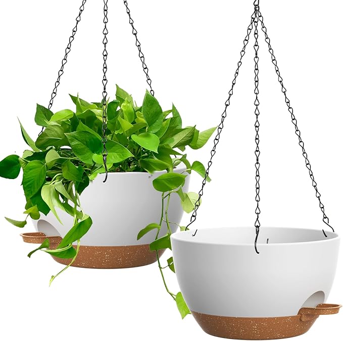 13 Inch 2 Pack Large Self Watering Hanging Planters for Indoor Outdoor Plants, Hanging Plant Pots with Removable 50 Oz Reservoir, Plastic Hanging Basket for Window Porch Garden, White with Brown UOUZ