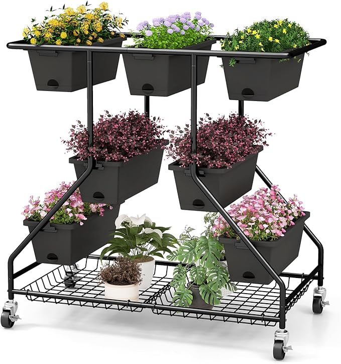 Giantex Rolling Raised Garden Bed w/ 7 Planter Boxes, Storage Baskets, Drainage Holes, 4 Lockable Casters, 3-Tier Freestanding Elevated Planter for Strawberry Vegetable Flower Herb Giantex