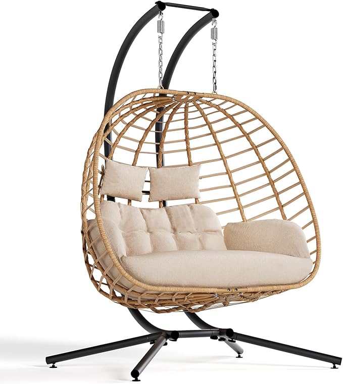 SWITTE Double Hanging Egg Chair with Stand, Outdoor Patio 2 Person Wicker Hammock Swing Chairs with Cushion Loveseat for Indoor Bedroom, Lawn, Garden-Beige SWITTE