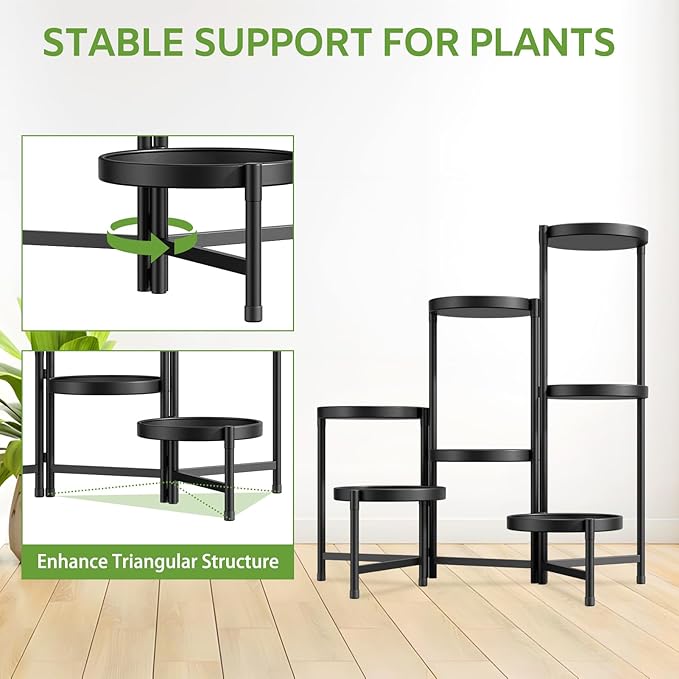 iDavosic.ly 7 Tier Large Plant Stand Indoor with 10 Inch Wide Tray, Tiered Corner Metal Outdoor Flower Display Holder Shelf, Folding Tall Rack for Patio Porch Living Room, Modern Black iDavosicly