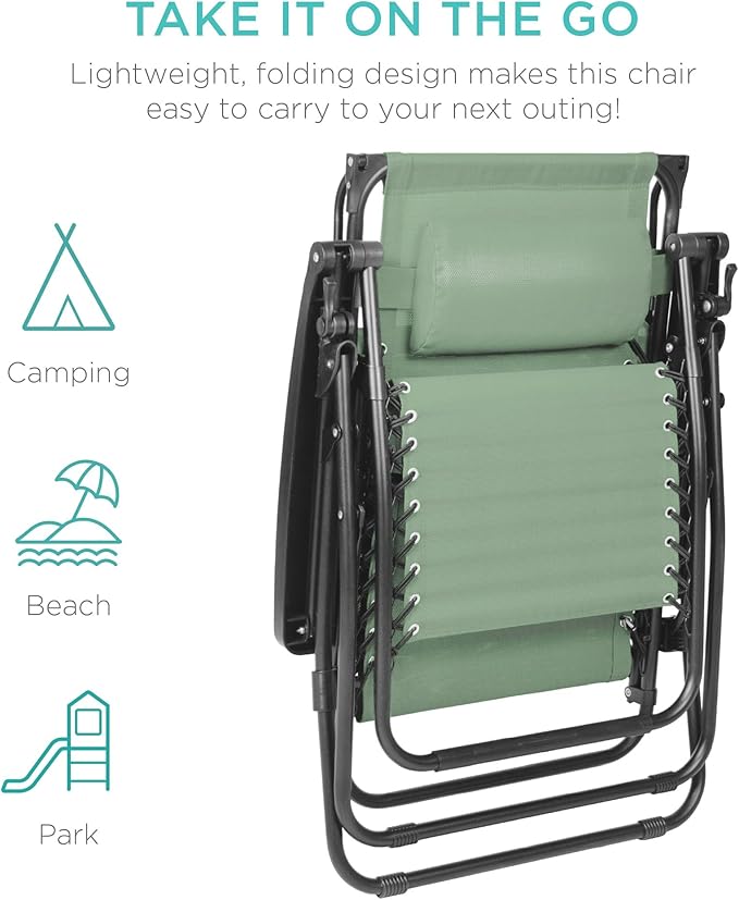 Best Choice Products Folding Zero Gravity Outdoor Recliner Patio Lounge Chair w/Adjustable Canopy Shade, Headrest, Side Accessory Tray, Textilene Mesh - Sage Green BestChoiceProducts