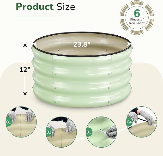 GreatBuddy 2x2x1 ft Round Galvanized Raised Garden Bed, Easy-Assembly Raised Bed with Anti-Cut Gloves & Tools, Rust-Proof Garden Bed for Outdoor, Vegetables, Herbs, Small Trees, Green GreatBuddy