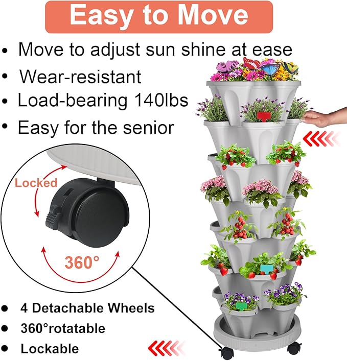 GameXcel Vertical Planter, 7 Tier Stackable Strawberry Planter with Garden Tool Set, Movable Indoor/Outdoor Garden Herb Pot for Growing Vegetables and Succulents, Gray GameXcel