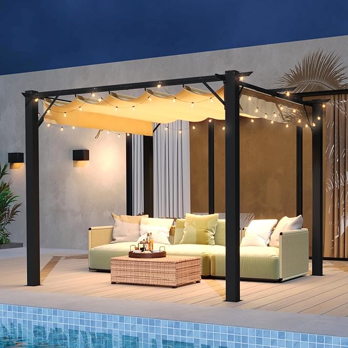 Aoxun 10'x10' Outdoor Pergola, Patio Aluminum Pergola with Upgraded Retractable Canopy, Heavy Duty Metal Pergolas and Gazebos with Adjustable Sun Shade Cover for Modern Backyard, Deck, Garden Aoxun