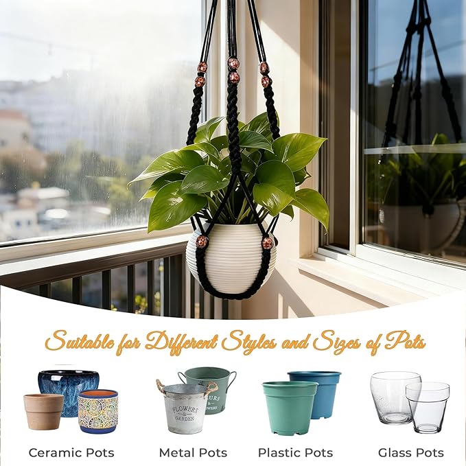 35 Inch Macrame Plant Hanger, Large for up to 15 Inch Pot Extra Long Hanging Planter Holder Basket with Wood Beads for Indoor Outdoor Home Decor (Black, 1-Pack) Rootora
