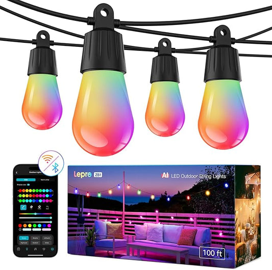 Lepro ZB1 AI Smart Outdoor String Lights APP Control, 100(88+12) ft RGB+IC+Warm White Outdoor Light 30 LED Bulbs, NOT Extendable, Alexa Google Enabled, Music Sync, NO Remote, 2.4 GHz WiFi+Bluetooth Lepro