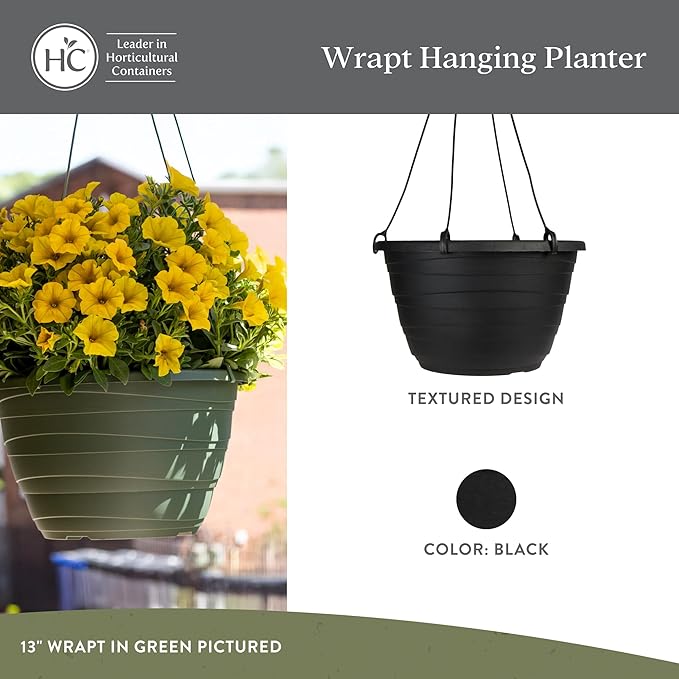 The HC Companies 13 Inch Wrapt Hanging Planters, Lightweight UV-Resistant Plastic Hanging Planters for Indoor & Outdoor Plants, 2-Pack Hanging Flower Pots for Garden, Patio & Home Decor, Black TheHCCompanies