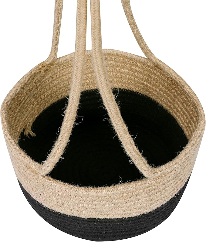 Hanging Planter Basket Jute Rope Woven Plant Hangers Indoor Hanging Plant Holder Up to 7" Pot Macrame Modern Storage Organizer Home Decor (Jute-Black) RUIZHIXUAN