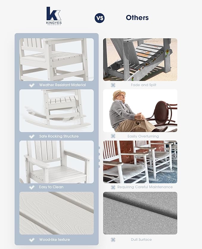 KINGYES HDPE Patio Rocking Chair Set of 4, Outdoor Rocking Chairs Porch Rocker for Adults, White KINGYES